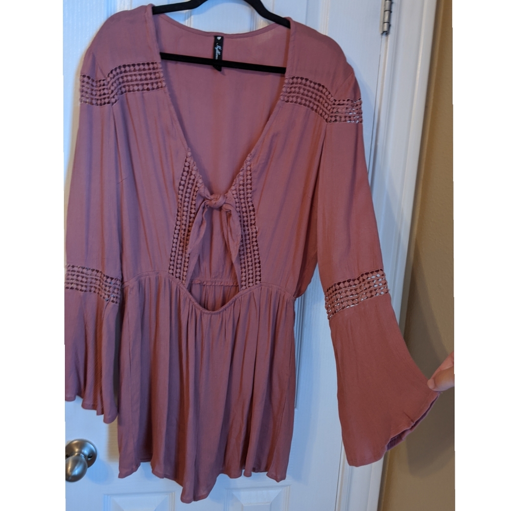 Boho Romper with front tie w/ Bell Sleeves